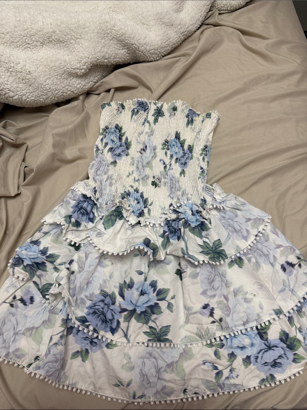 Princess Polly White Strapless Dress with Blue Floral Print